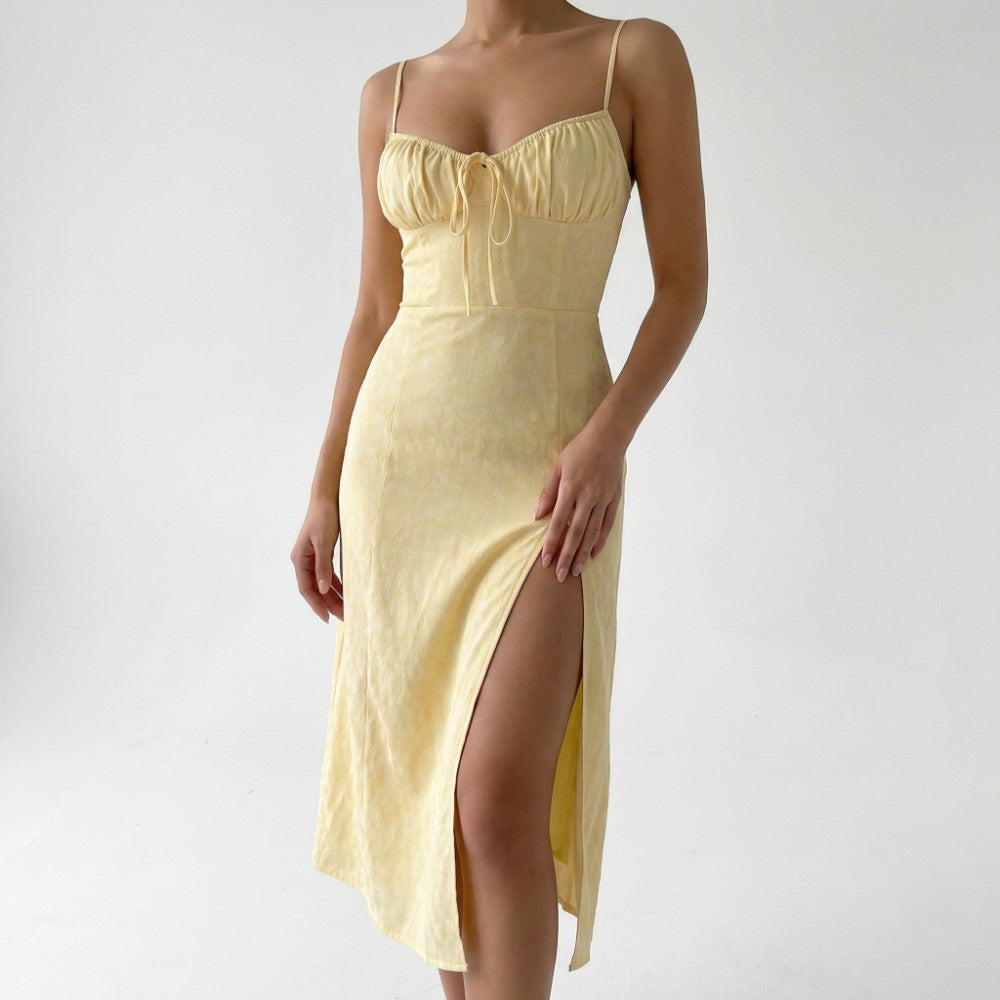 Sera | Floral Ruched Lace-Up Midi Slip Dress