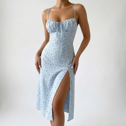 Sera | Floral Ruched Lace-Up Midi Slip Dress