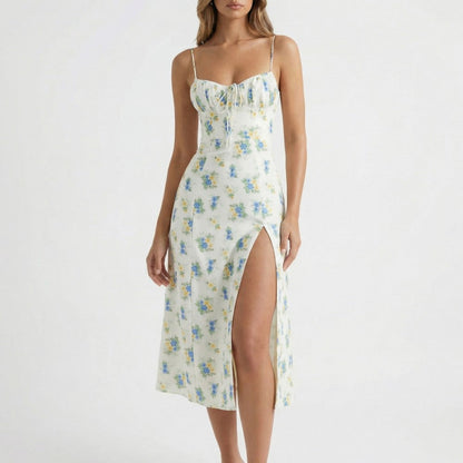 Sera | Floral Ruched Lace-Up Midi Slip Dress