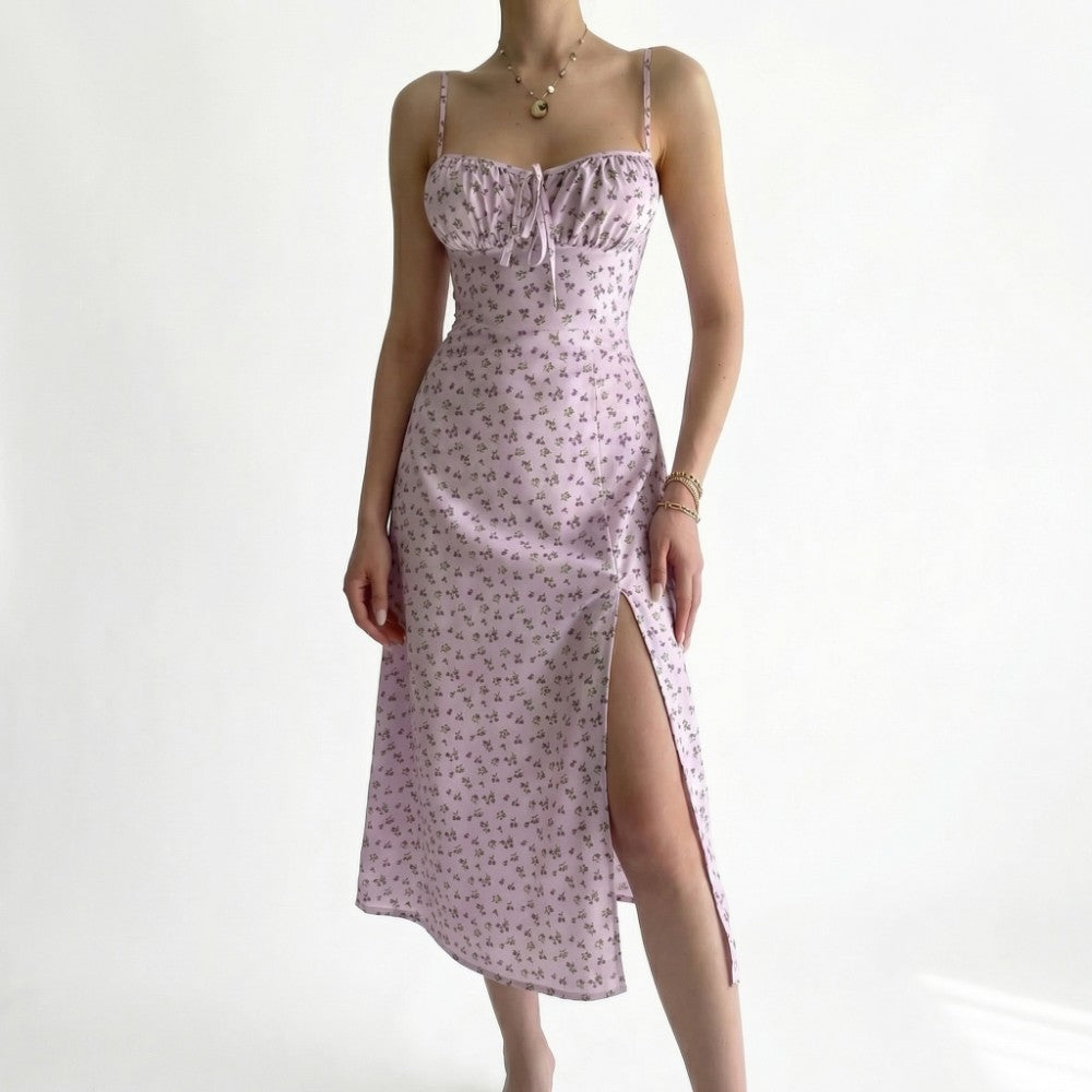 Sera | Floral Ruched Lace-Up Midi Slip Dress