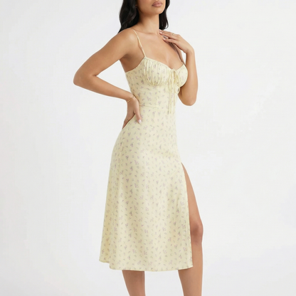 Sera | Floral Ruched Lace-Up Midi Slip Dress