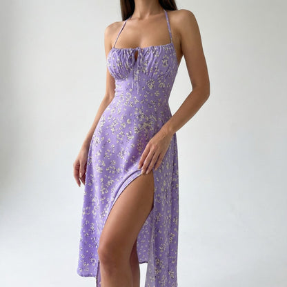 Sera | Floral Ruched Lace-Up Midi Slip Dress