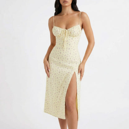 Sera | Floral Ruched Lace-Up Midi Slip Dress