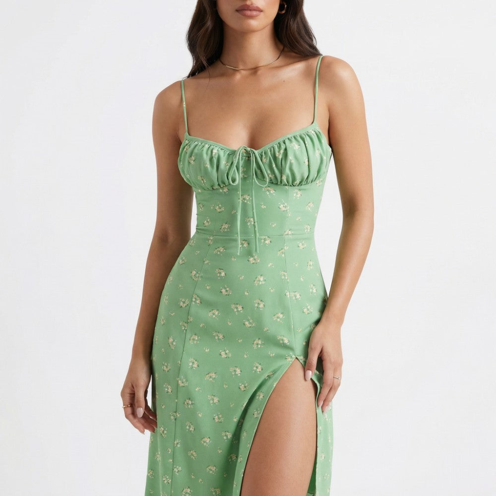 Sera | Floral Ruched Lace-Up Midi Slip Dress