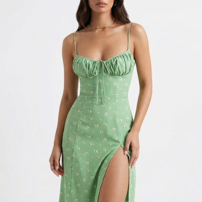 Sera | Floral Ruched Lace-Up Midi Slip Dress