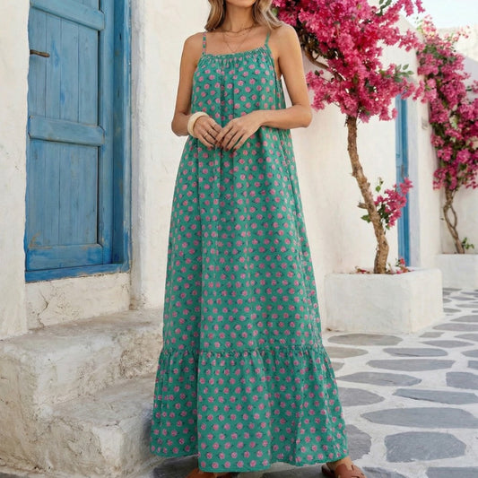 Blomster Spaghetti Strop Flowing Maxi Sommerkjole