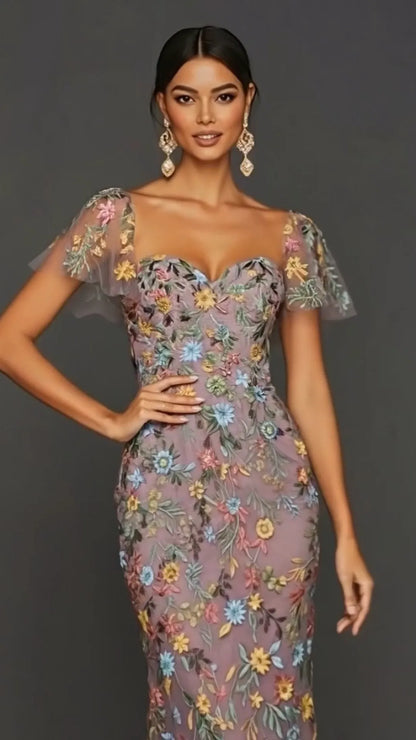Sally | Botanical Print Embroidered Summer Wedding Guest Midi Dress