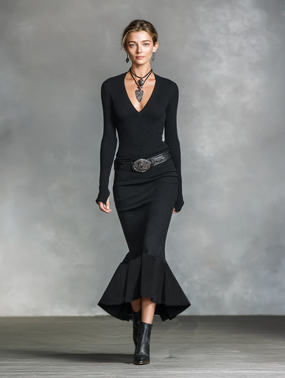 Vivienne | Women's Fitted Knit Maxi Dress with V-Neck