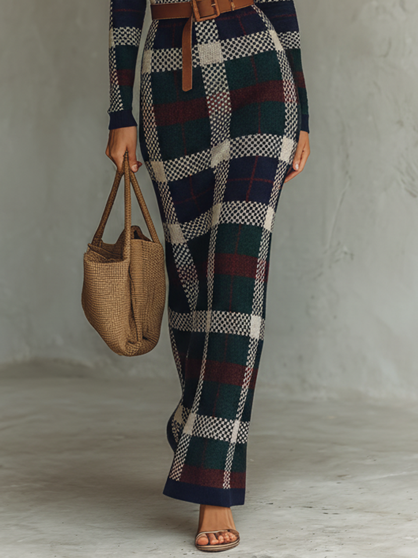 Hazel | Women's Checked Knit Maxi Dress with Belt
