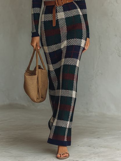 Hazel | Women's Checked Knit Maxi Dress with Belt