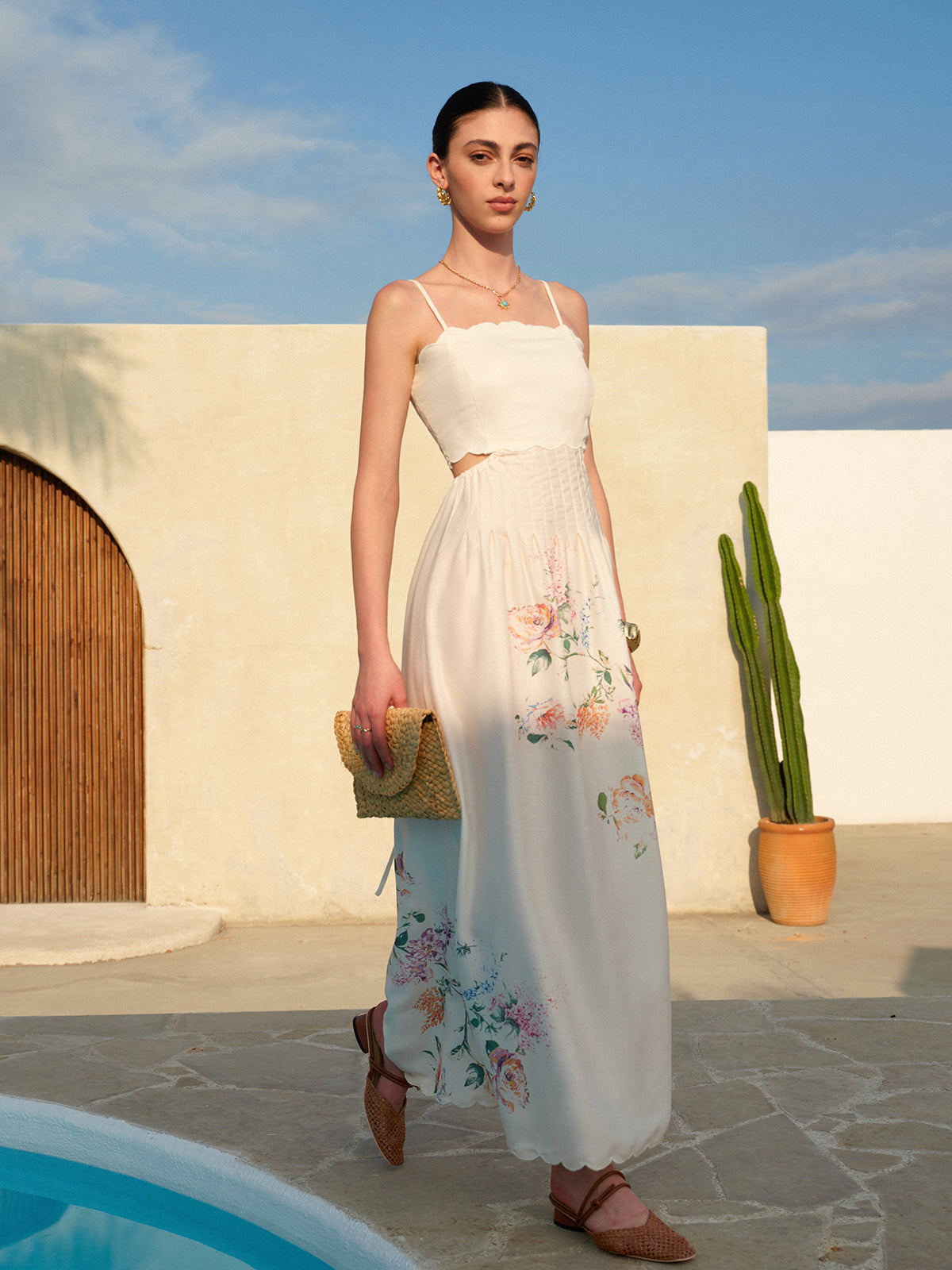 Stacey | Botanical Print Cutout Scallop Maxi Vacation Dress