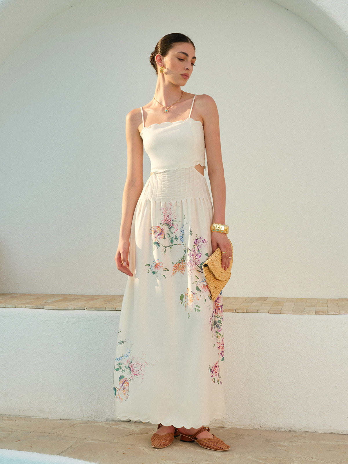 Stacey | Botanical Print Cutout Scallop Maxi Vacation Dress