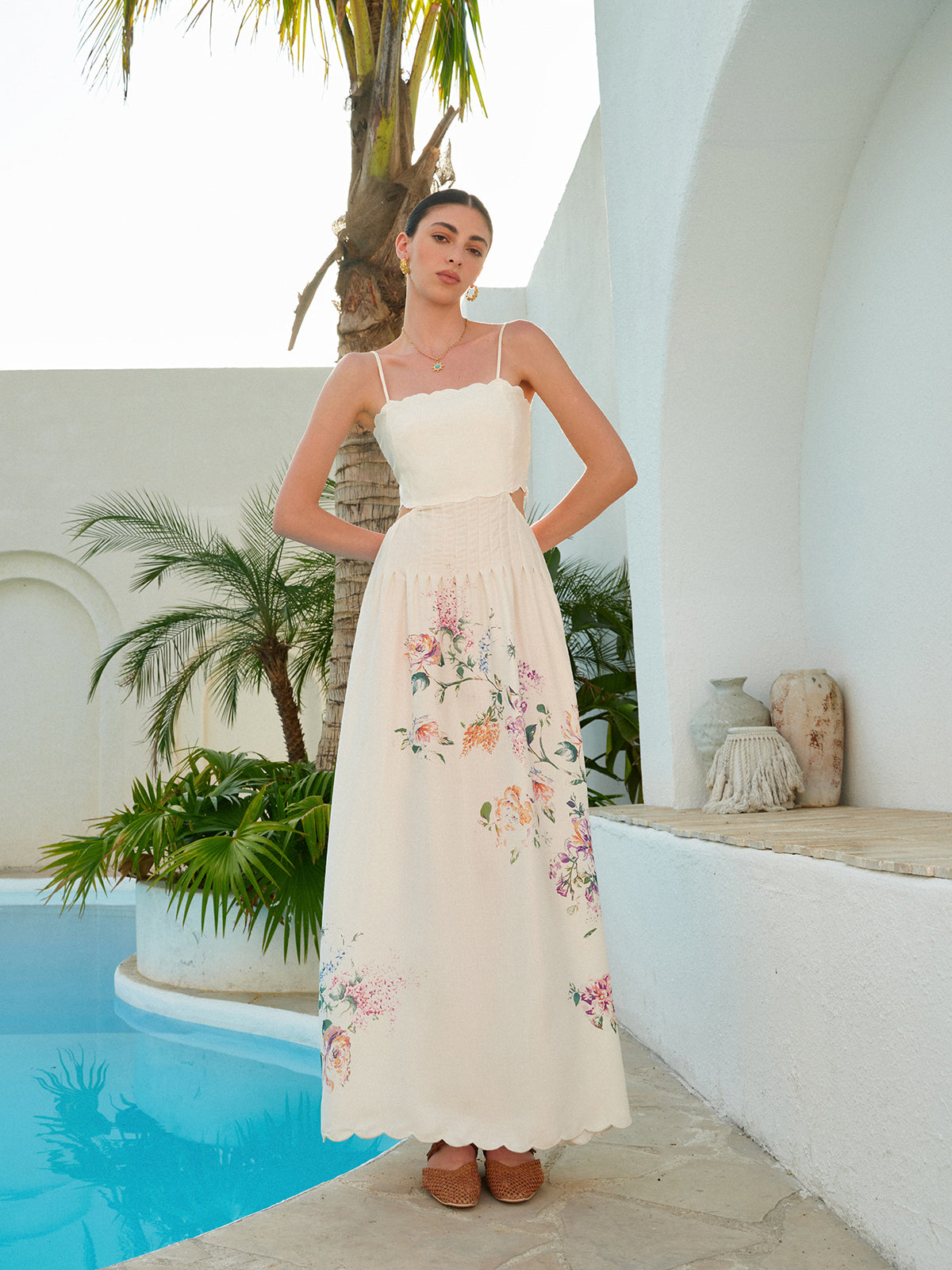 Stacey | Botanical Print Cutout Scallop Maxi Vacation Dress