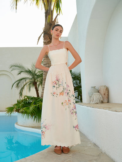 Stacey | Botanical Print Cutout Scallop Maxi Vacation Dress