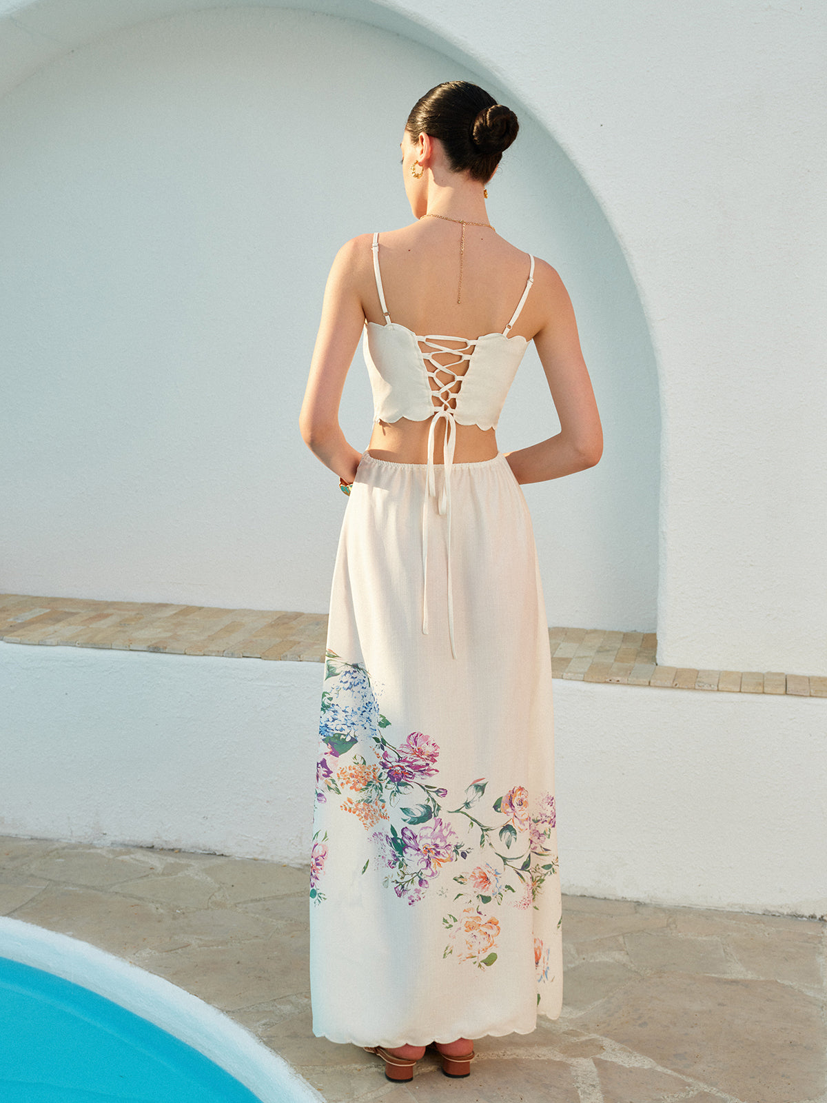 Stacey | Botanical Print Cutout Scallop Maxi Vacation Dress