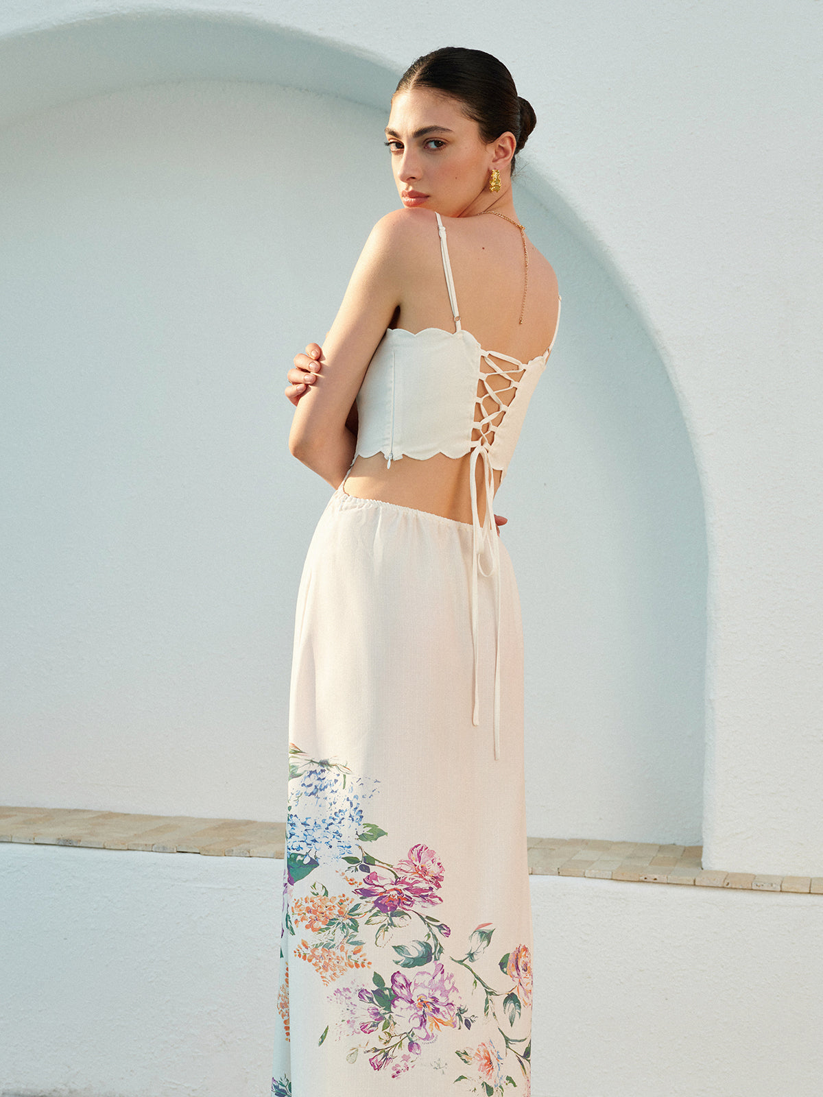 Stacey | Botanical Print Cutout Scallop Maxi Vacation Dress