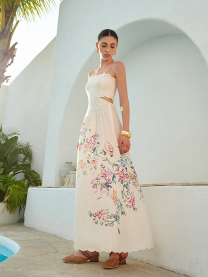 Stacey | Botanical Print Cutout Scallop Maxi Vacation Dress