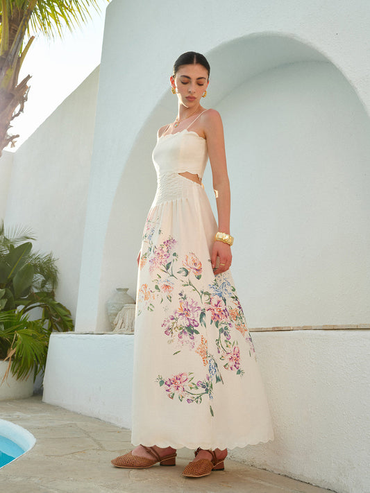Stacey | Botanical Print Cutout Scallop Maxi Vacation Dress