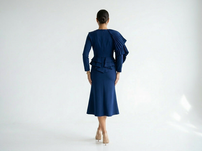 Maggie | Evening Front-Pleated Ruffle Midi Dress