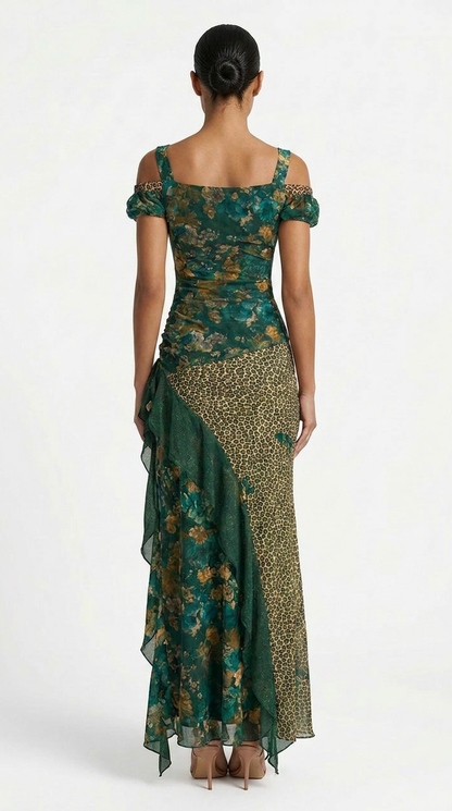 Xena | Floral Ruched Off Shoulder High Slit Maxi Dress