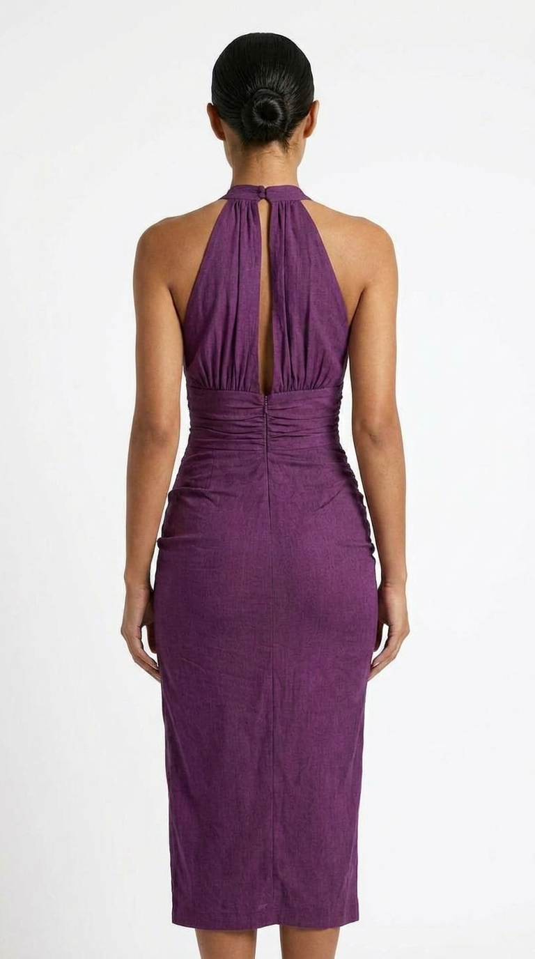 Thea | Ruched Halter Backless Slit Bodycon Midi Dress