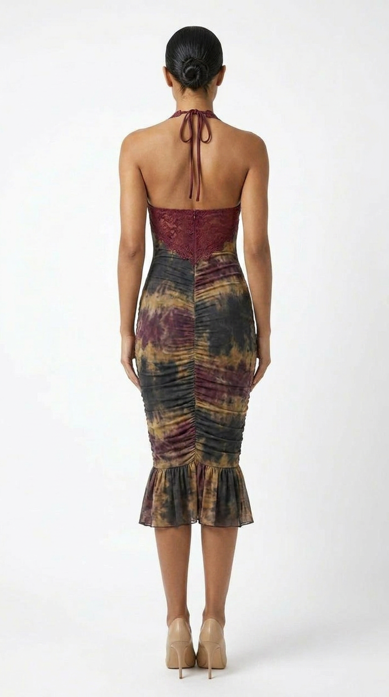 Indie | Ruched Halter Backless Lace Bodycon Midi Dress