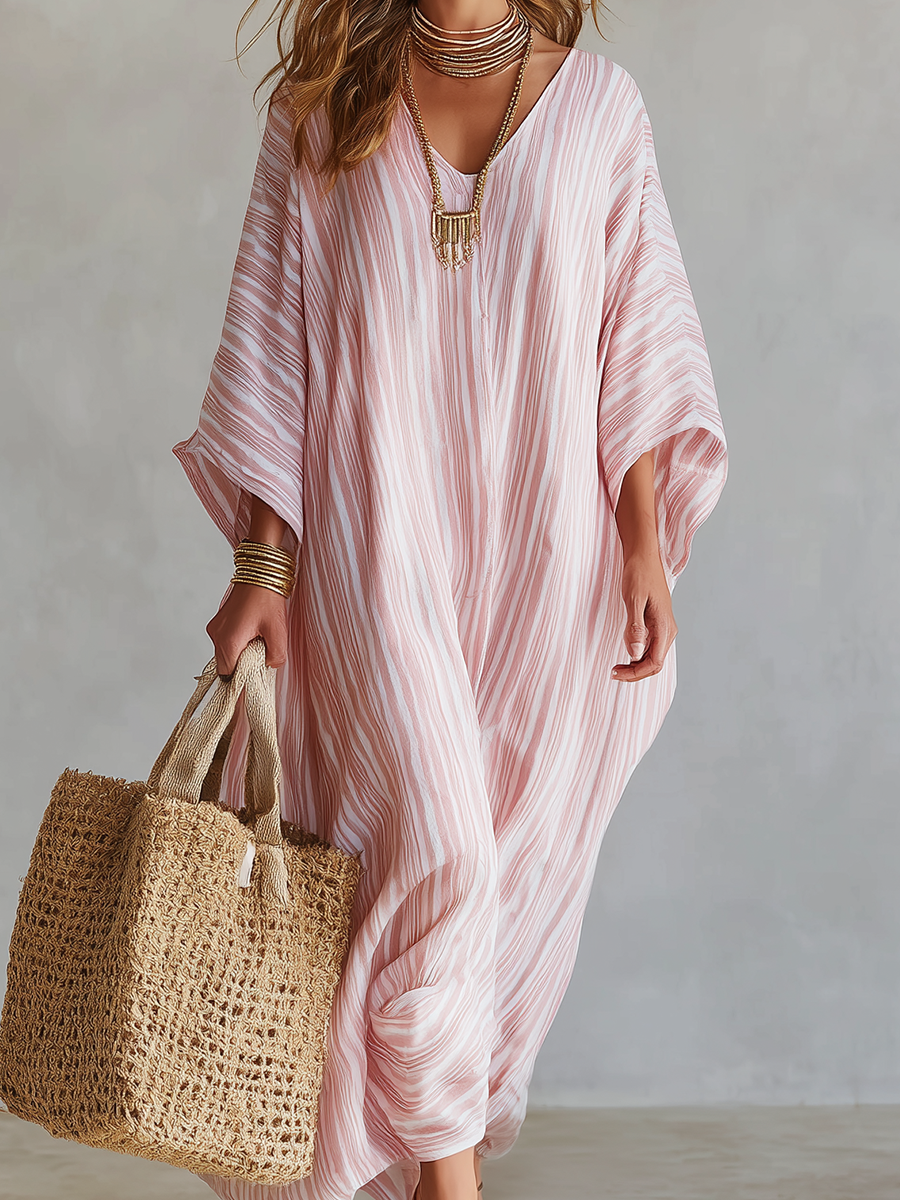Kaftan | Soft Pink Striped Boho Vacation Maxi Dress