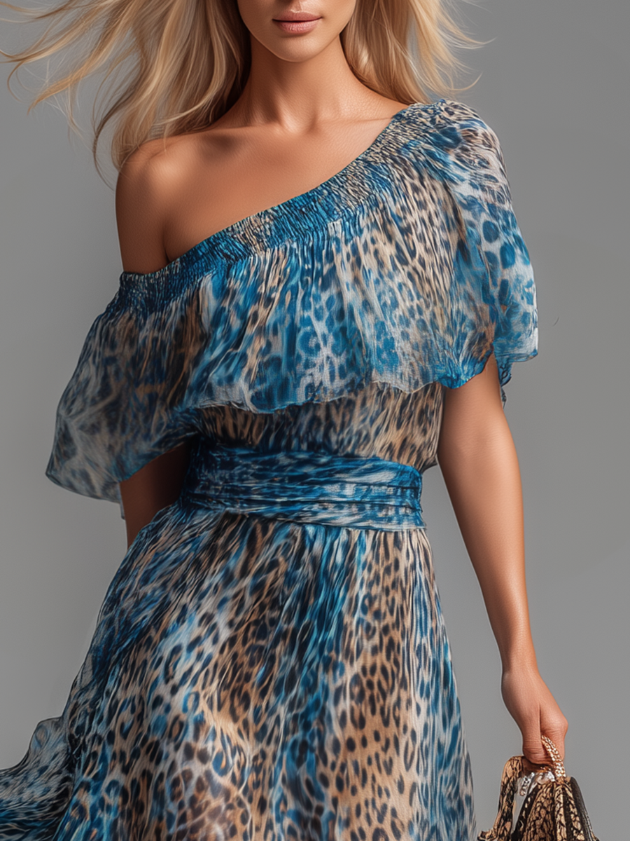 Leo | Off Shoulder Blå Leopard Print Sommermaxikjole til Kvinder