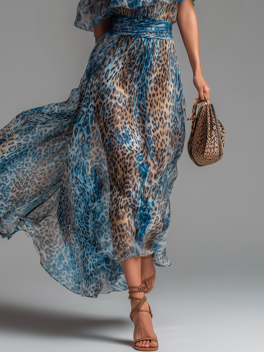 Leo | Off Shoulder Blå Leopard Print Sommermaxikjole til Kvinder