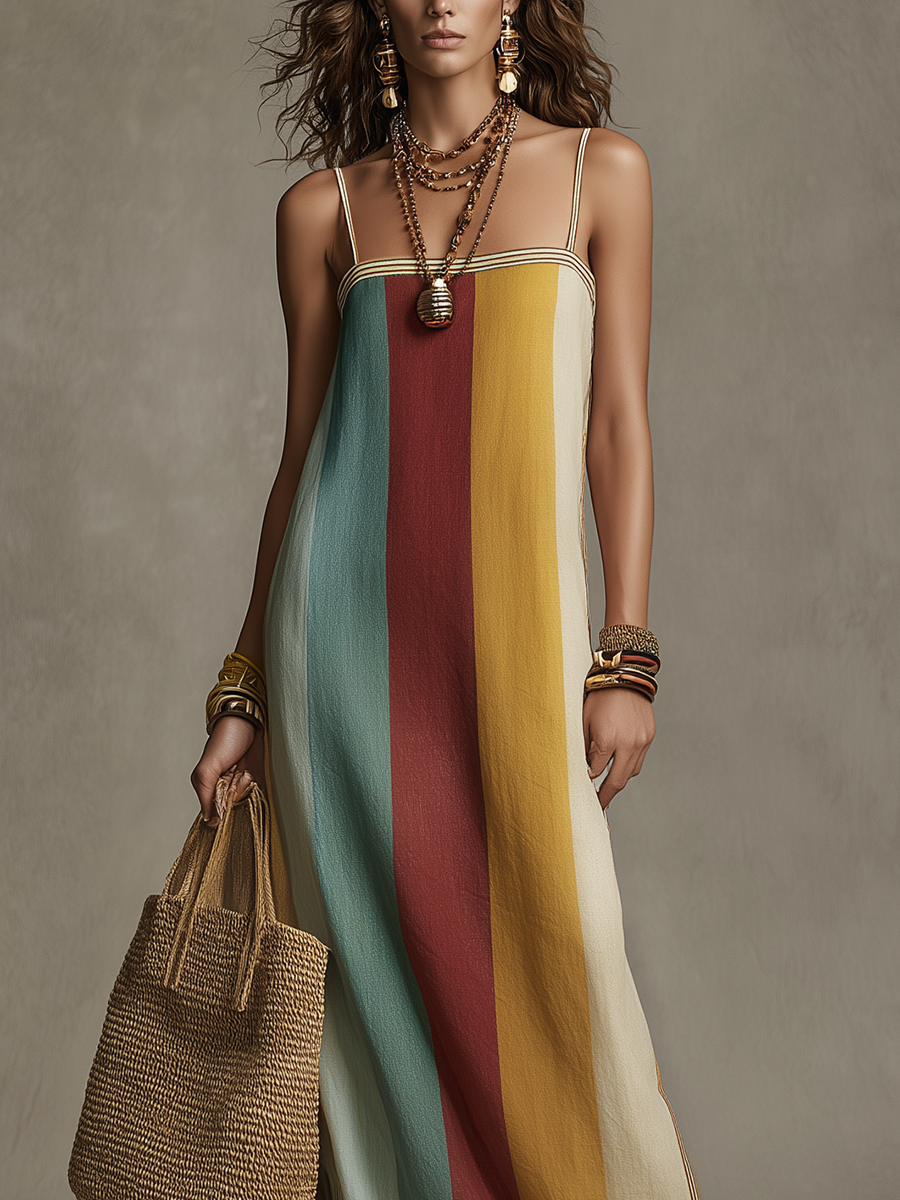 Samba | Stribet Spaghetti Stropper Boho Strand Maxikjole til Kvinder