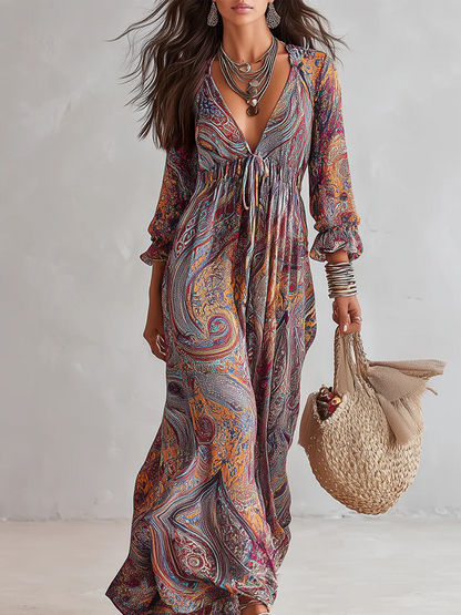 Pailey | Vintage Paisley Print V-Neck Vacation Maxi Dress