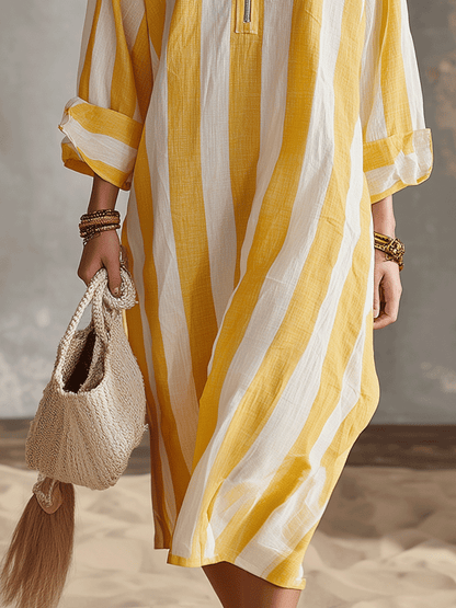 Sol | Gul Hvid Stribet Strand Sommermidikjole til Kvinder