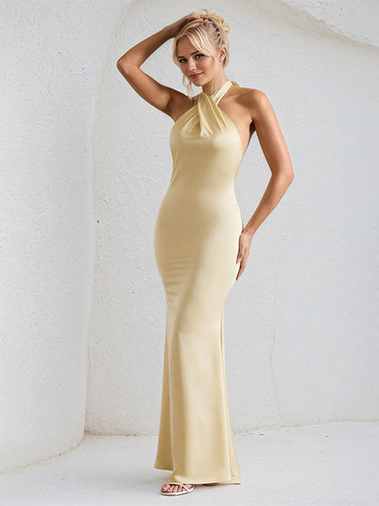 Crossover Halter Neck Satin Maxi Formal Bridesmaid Dress