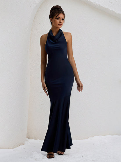 Halter Neck Bow Detail Satin Maxi Formal Bridesmaid Dress