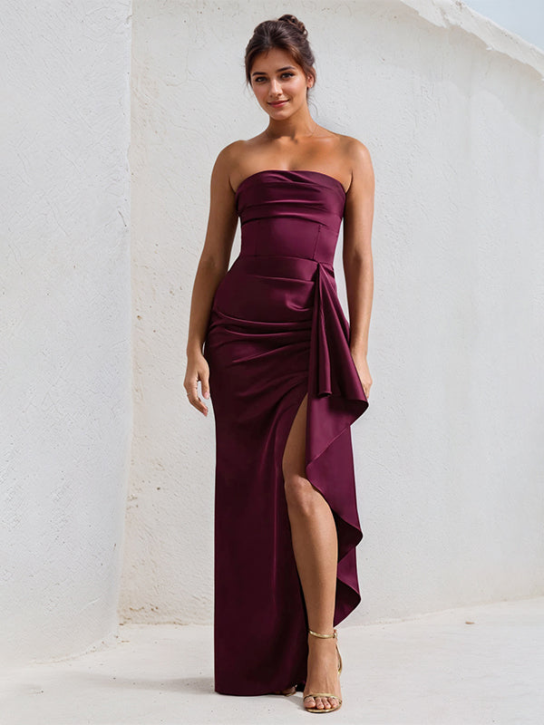 Claree | Off Shoulder Ruffle Sleeveless Satin Formal Bridesmaid Dress