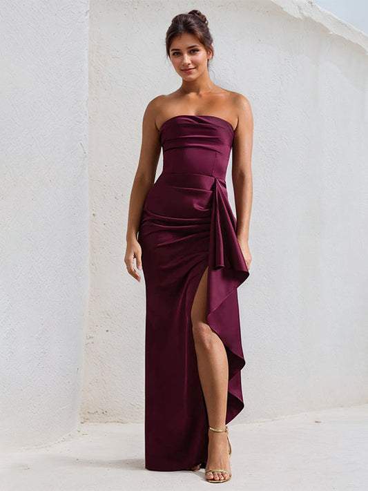 Claree | Off Shoulder Ruffle Sleeveless Satin Formal Bridesmaid Dress