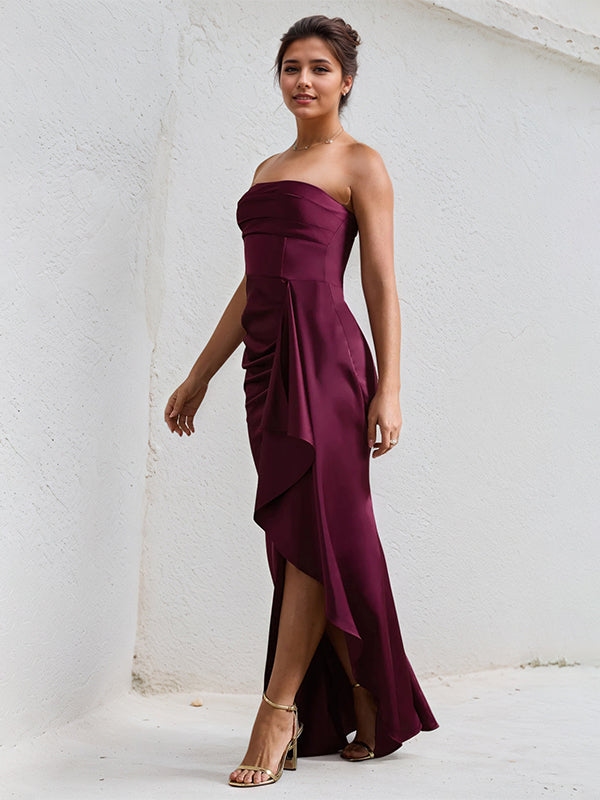 Claree | Off Shoulder Ruffle Sleeveless Satin Formal Bridesmaid Dress