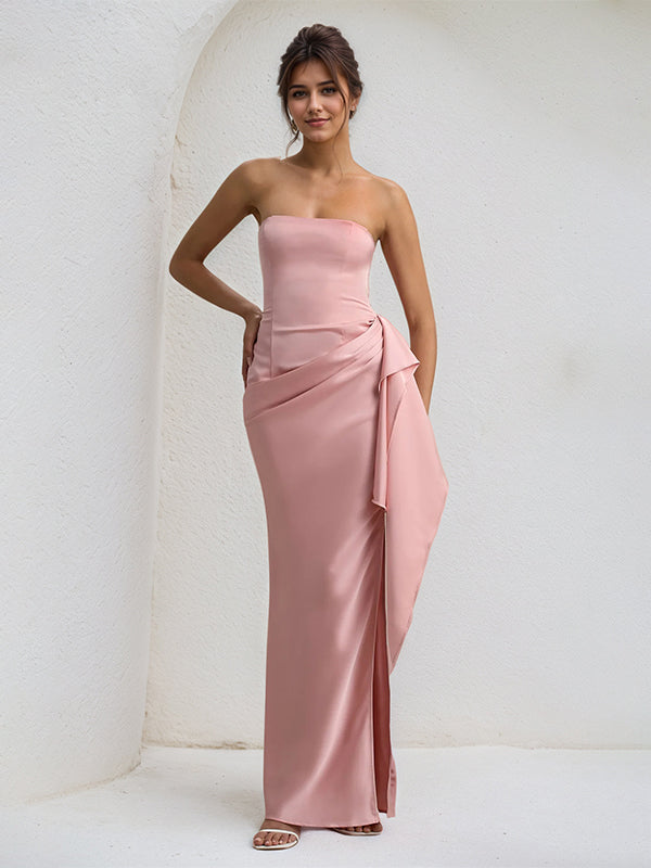Corl | Off Shoulder Ruffle High Slit Satin Formal Bridesmaid Dress