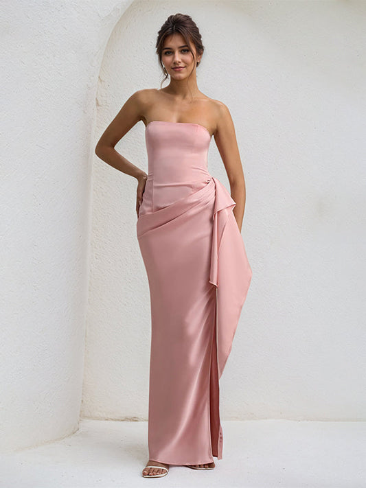 Corl | Off Shoulder Ruffle High Slit Satin Formal Bridesmaid Dress