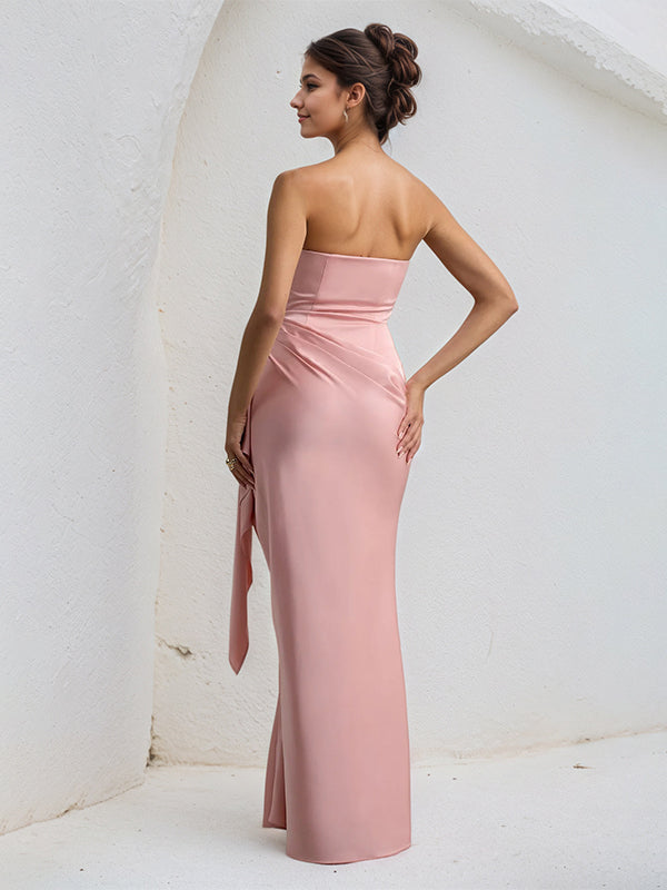 Corl | Off Shoulder Ruffle High Slit Satin Formal Bridesmaid Dress