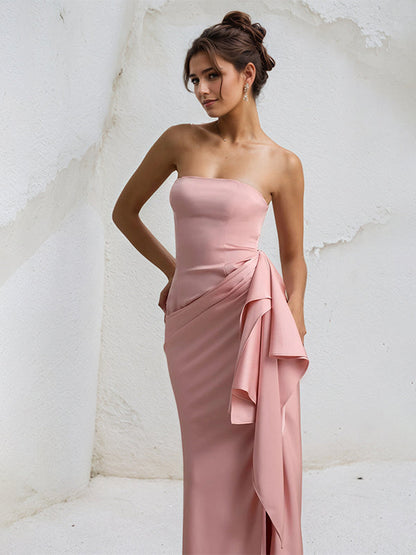 Corl | Off Shoulder Ruffle High Slit Satin Formal Bridesmaid Dress