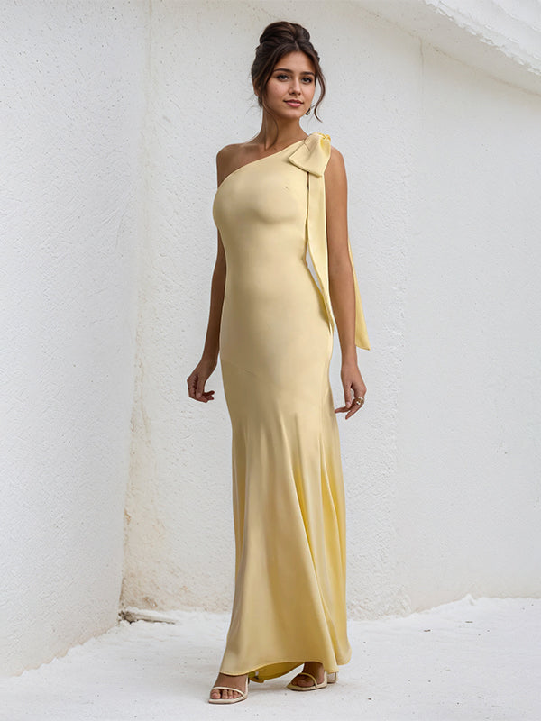 Sole | One Shoulder Bow Detail Satin Maxi Summer Bridesmaid Dress