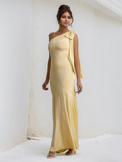 Sole | One Shoulder Bow Detail Satin Maxi Summer Bridesmaid Dress