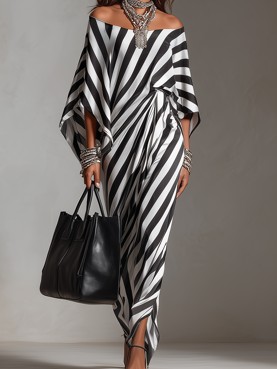 Mono | Elegant Monochrome Stripe Vacation Maxi Dress