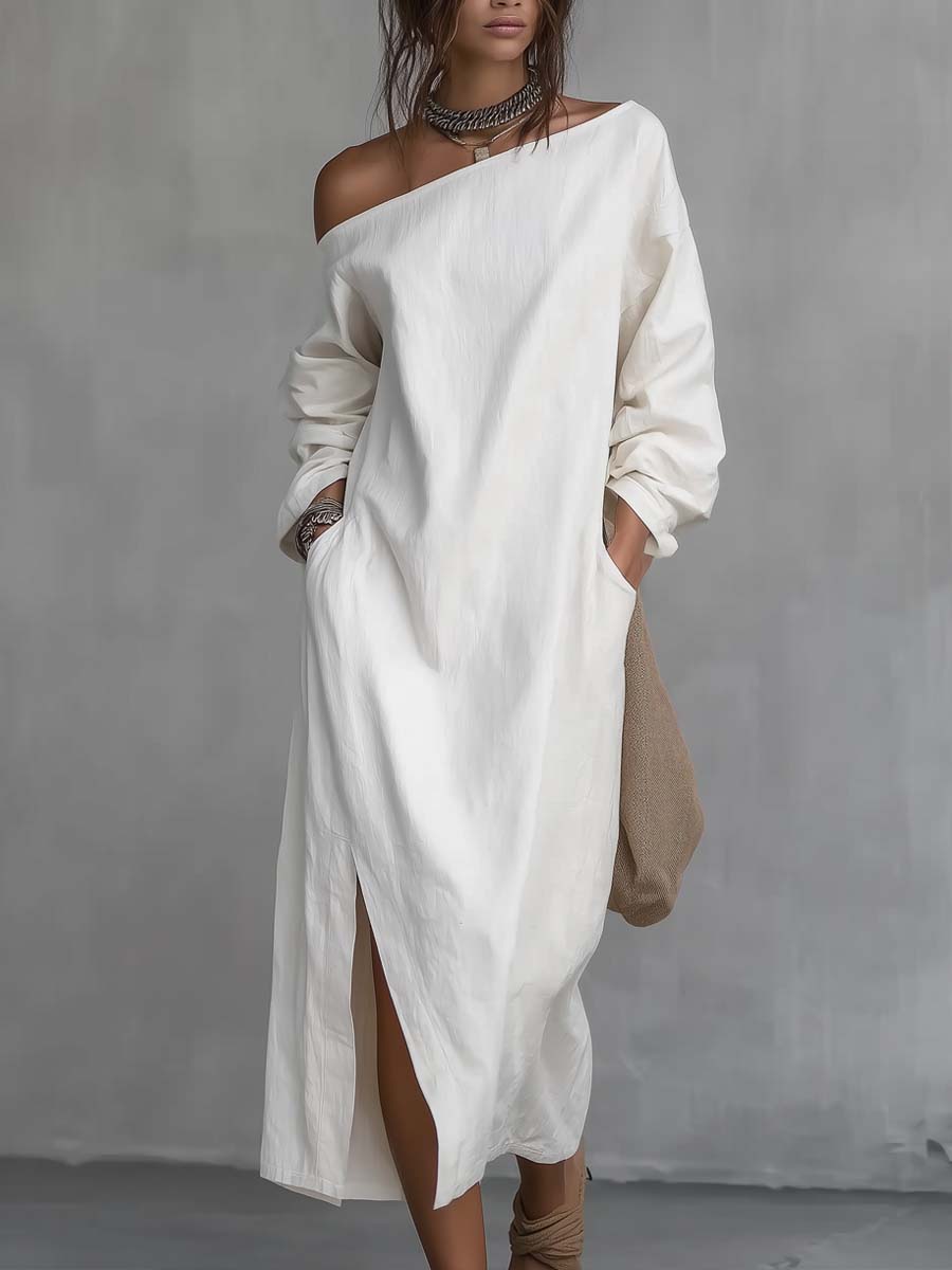 Sloan | One Shoulder Split Hem Linen Midi Dress