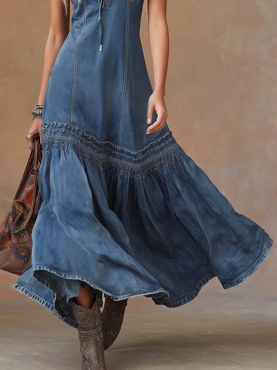 Deni | Tie Neck Denim Summer Maxi Dress