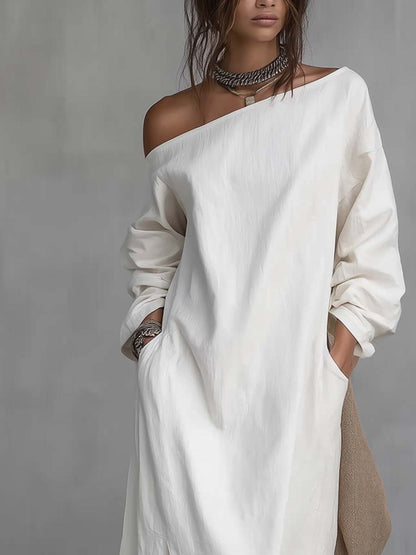 Sloan | One Shoulder Split Hem Linen Midi Dress