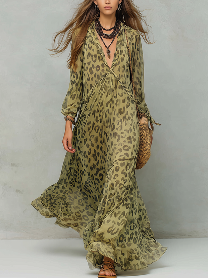Savanna | Leopard Print Chiffon Vacation Maxi Dress