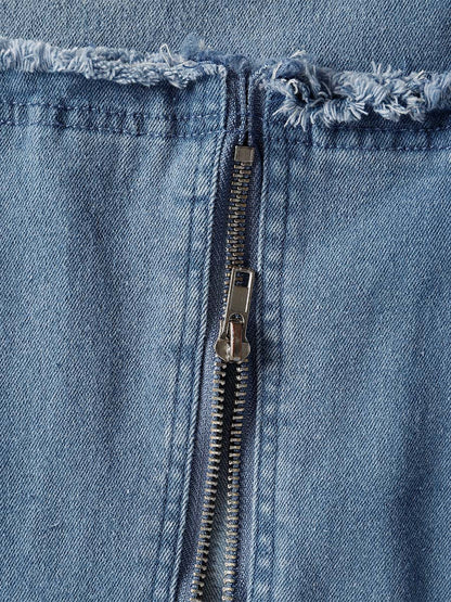 V-Neck Zipper Summer Denim Midi Dress