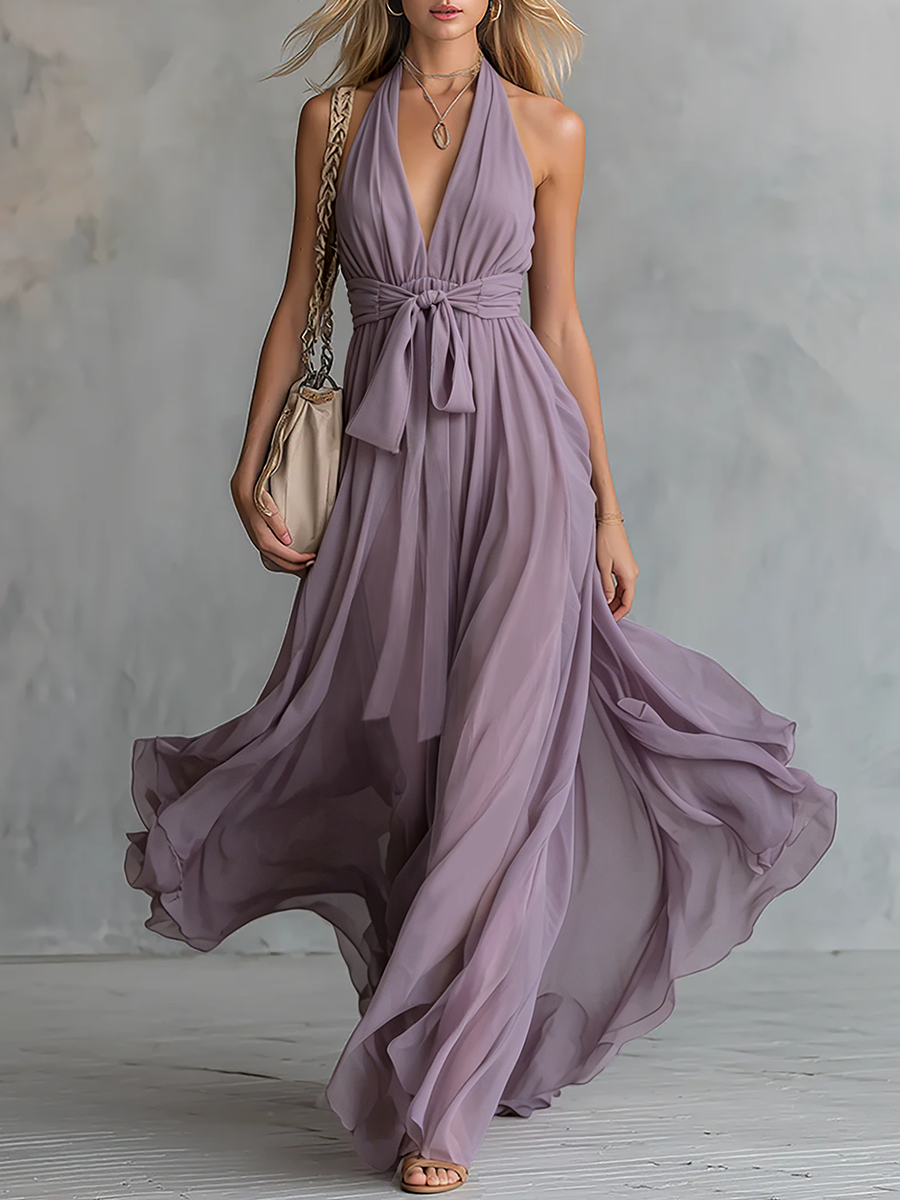 Viola | Halter Neck Chiffon Summer Wedding Guest Maxi Dress